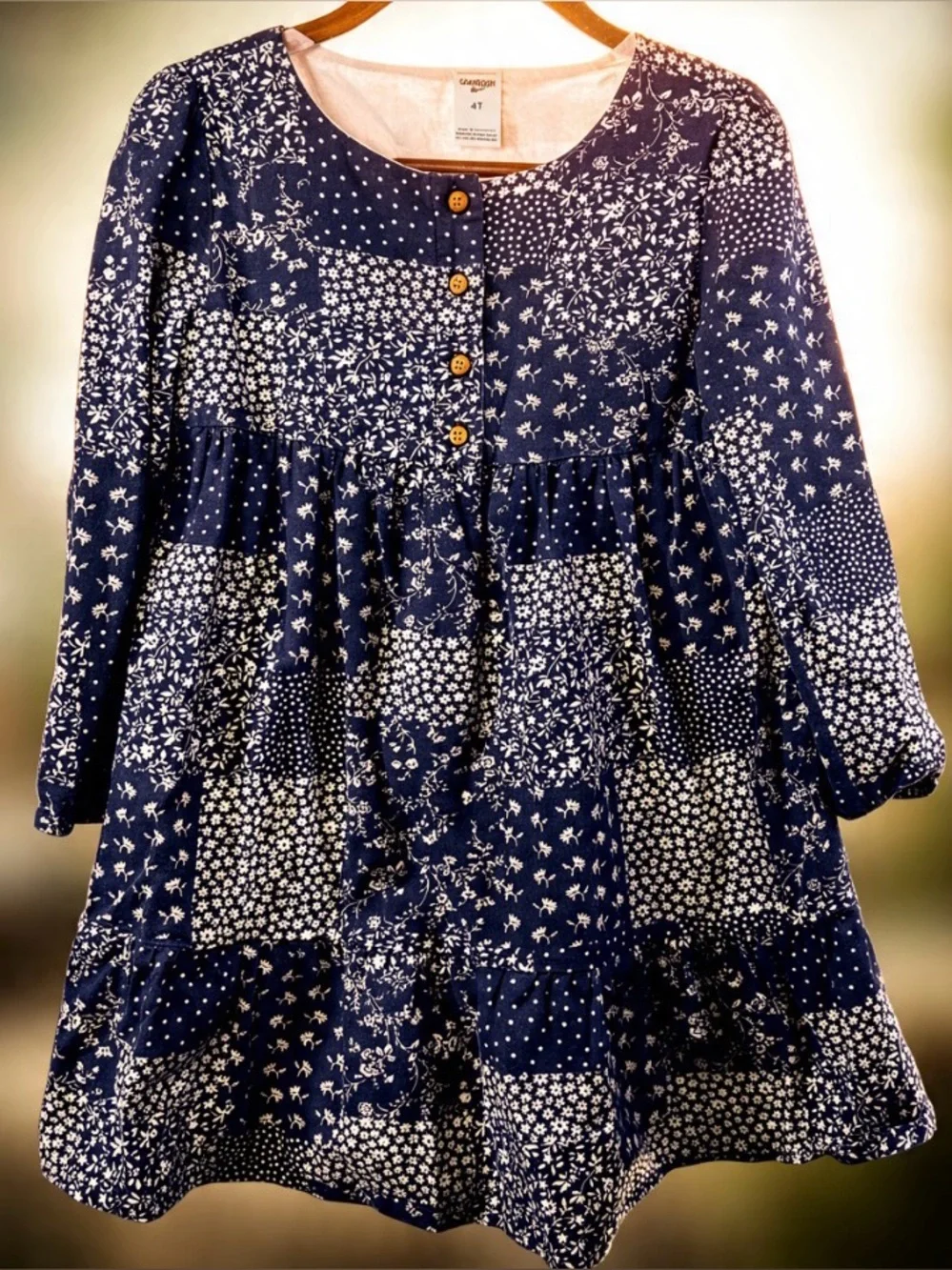 NWOT OshKosh Patchwork Navy Blue and White Floral Dress Buttons